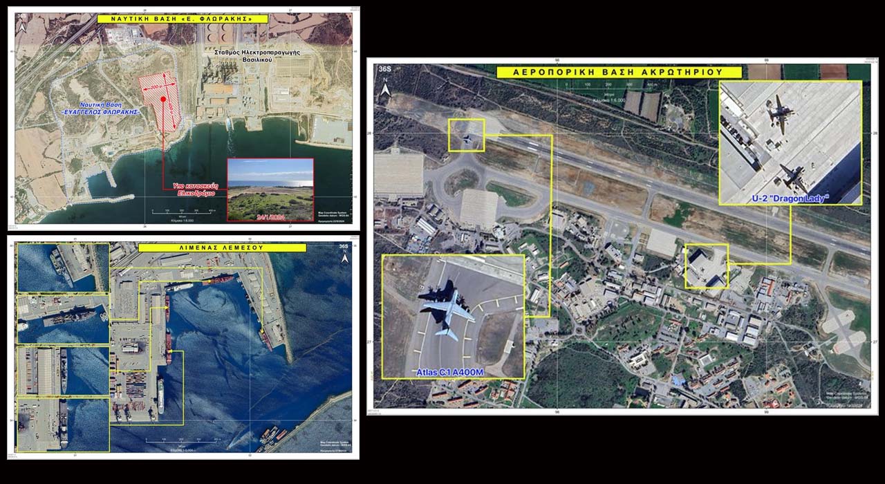 The helicopter base near Mari (Tatlısu Limanı) (top left), American warships in Limassol Harbor (bottom left) and the British base in Akrotiri (Ağrotur) (right)