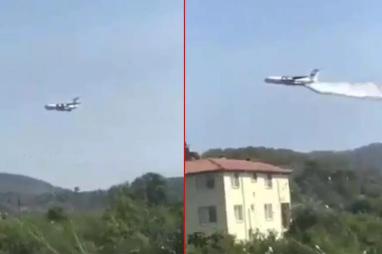 Muğla Damalan'da skandal görüntüler! Rus uçağı orman yangını olan bölgede suyu boş araziye bıraktı