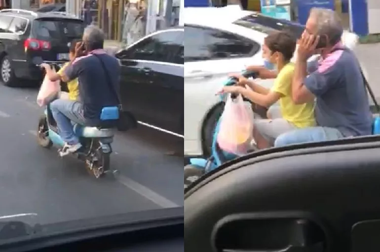 'Pes' dedirten görüntü! Motosikleti çocuğa kullandırıp telefonla konuştu