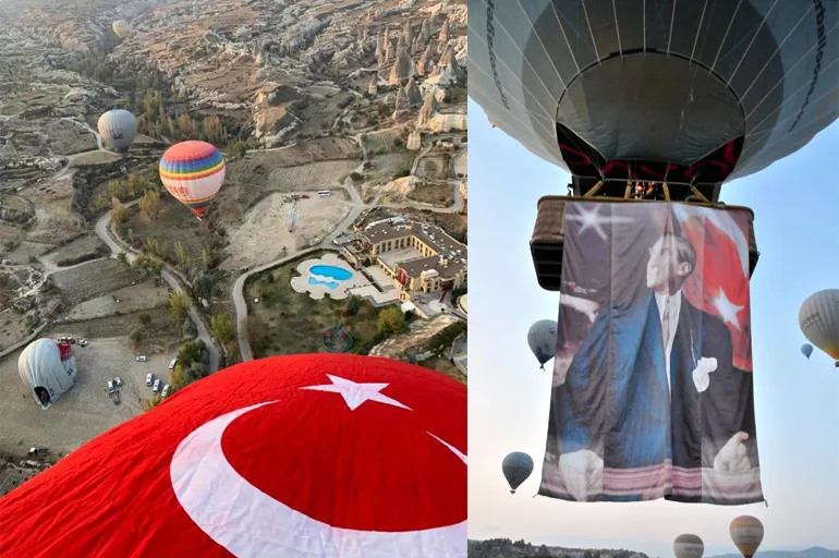 Kapadokya’da balonlar, Türk bayrağı ve Atatürk posteriyle havalandı