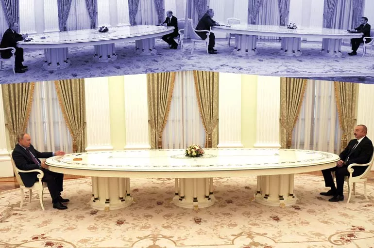 İlham Aliyev'e Macron tarifesi! Putin, misafirini Kremlin'deki uzun masada ağırladı