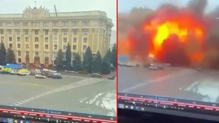 Rus ordusu, Harkov'da belediye binasını füzeyle vurdu! Patlama anı kamerada