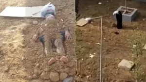 Görenler şoka girdi: Eşini toprağa gömüp başında dua etti