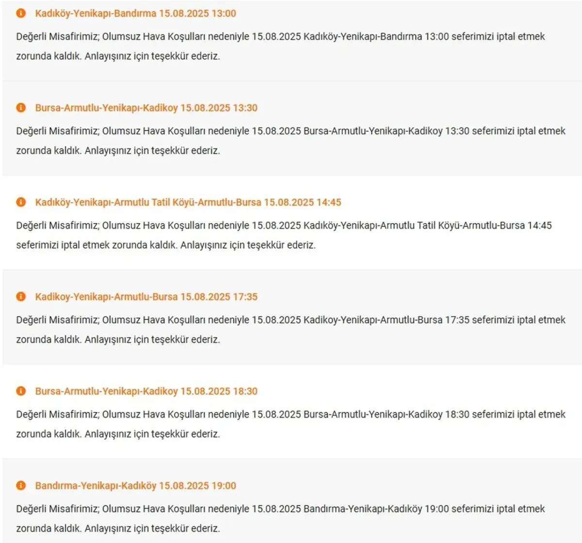 15 Ağustos iptal edilen İDO seferler listesi! Hangi seferler iptal edildi? - 2. Resim
